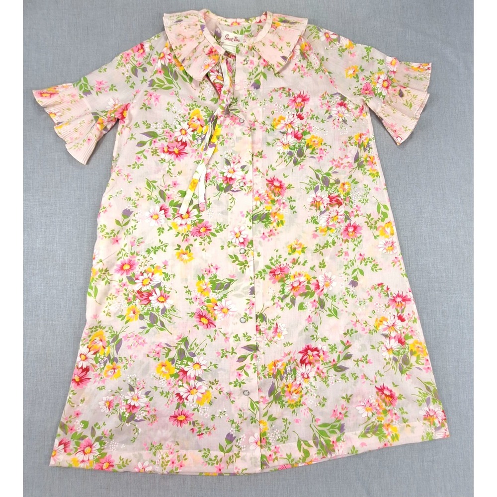 Vintage Smart Time Floral House Dress Pink Pleated Ruffle Snap Front Size 12